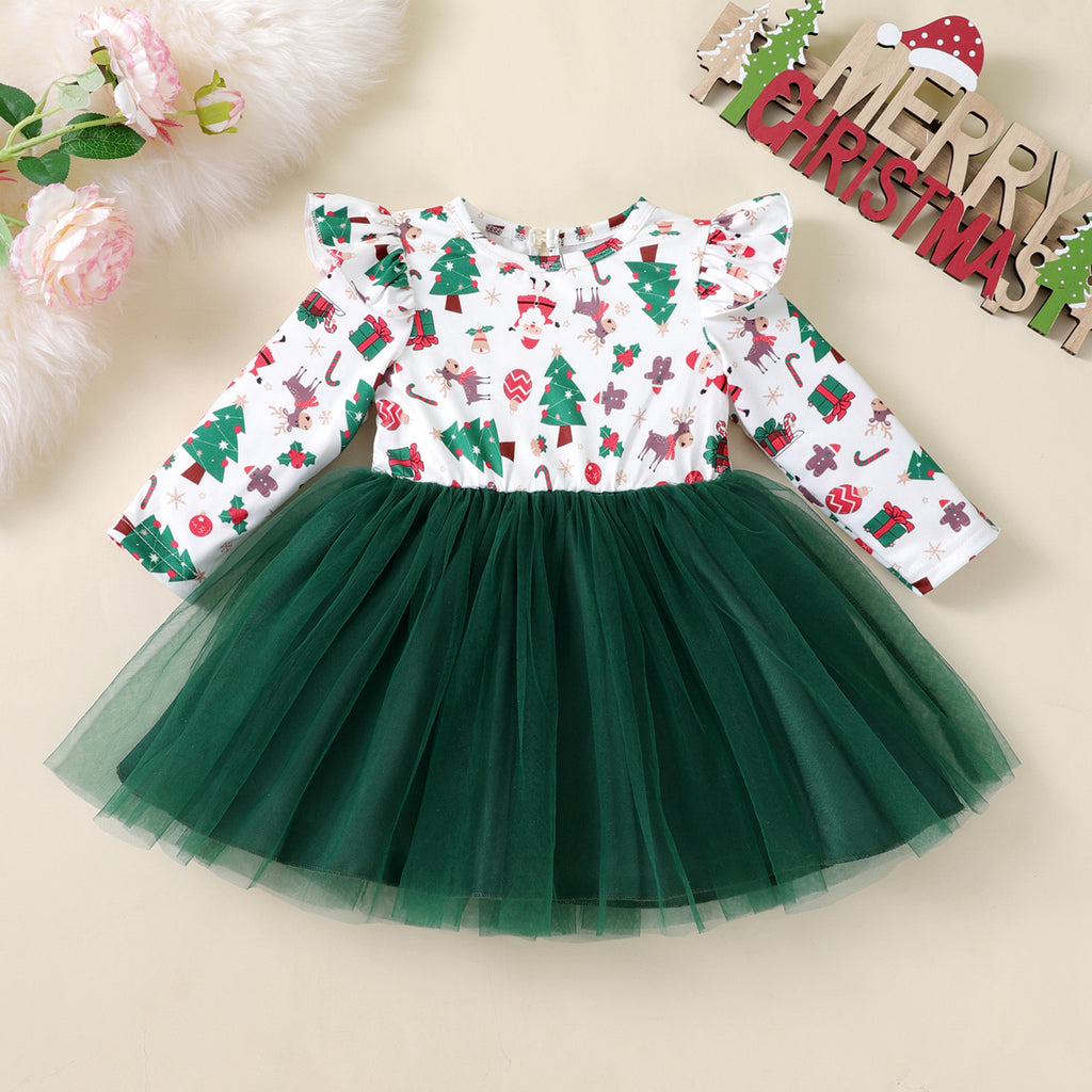 Christmas Printed Tulle Long Sleeve Dress for Girls, Holiday Party Dress with Tree Pattern