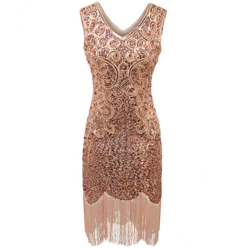 1920s Flapper Gatsby Sequin Fringe Dress for Women, front view on a white background