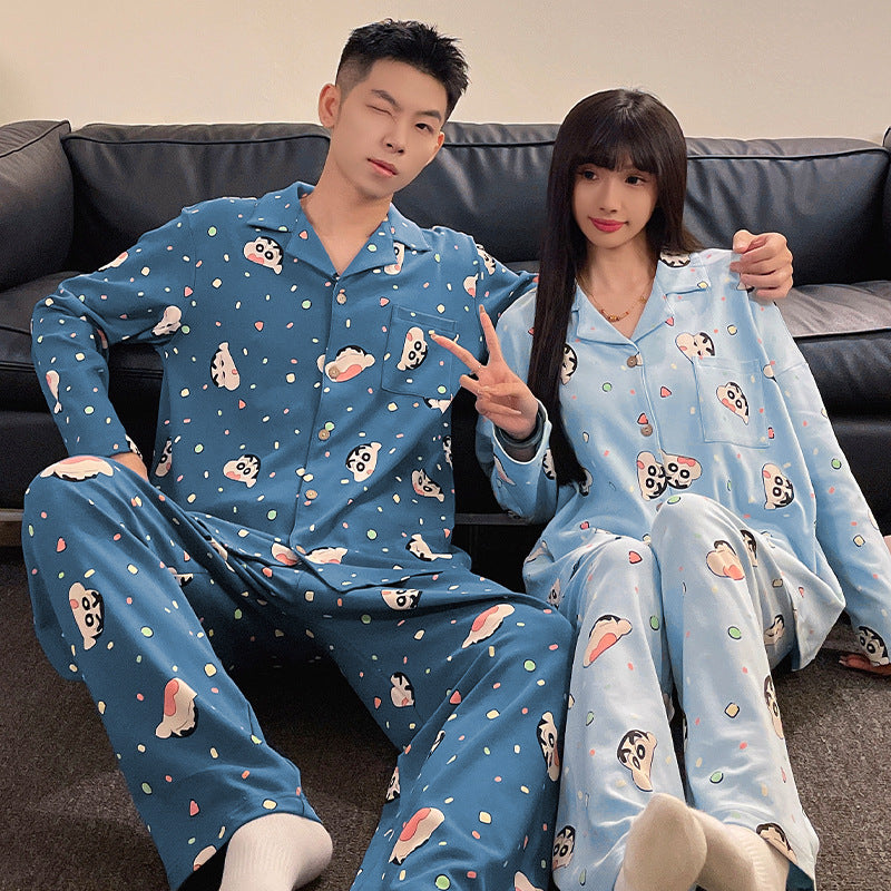 Two piece set of couple pajamas, lapel collar, couple home clothes