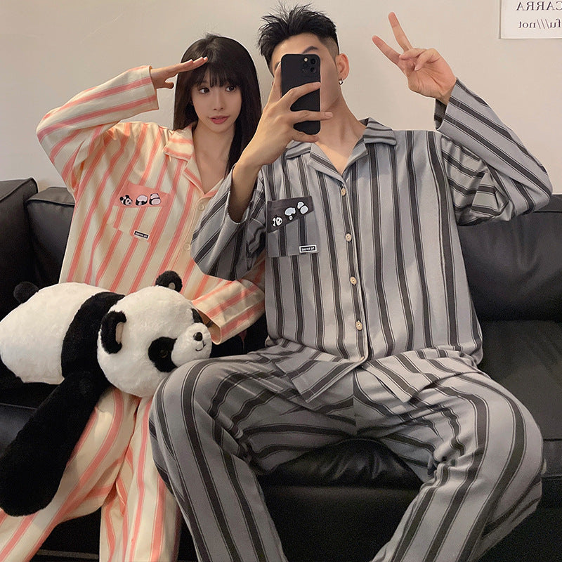Two piece set of couple pajamas, lapel collar, couple home clothes