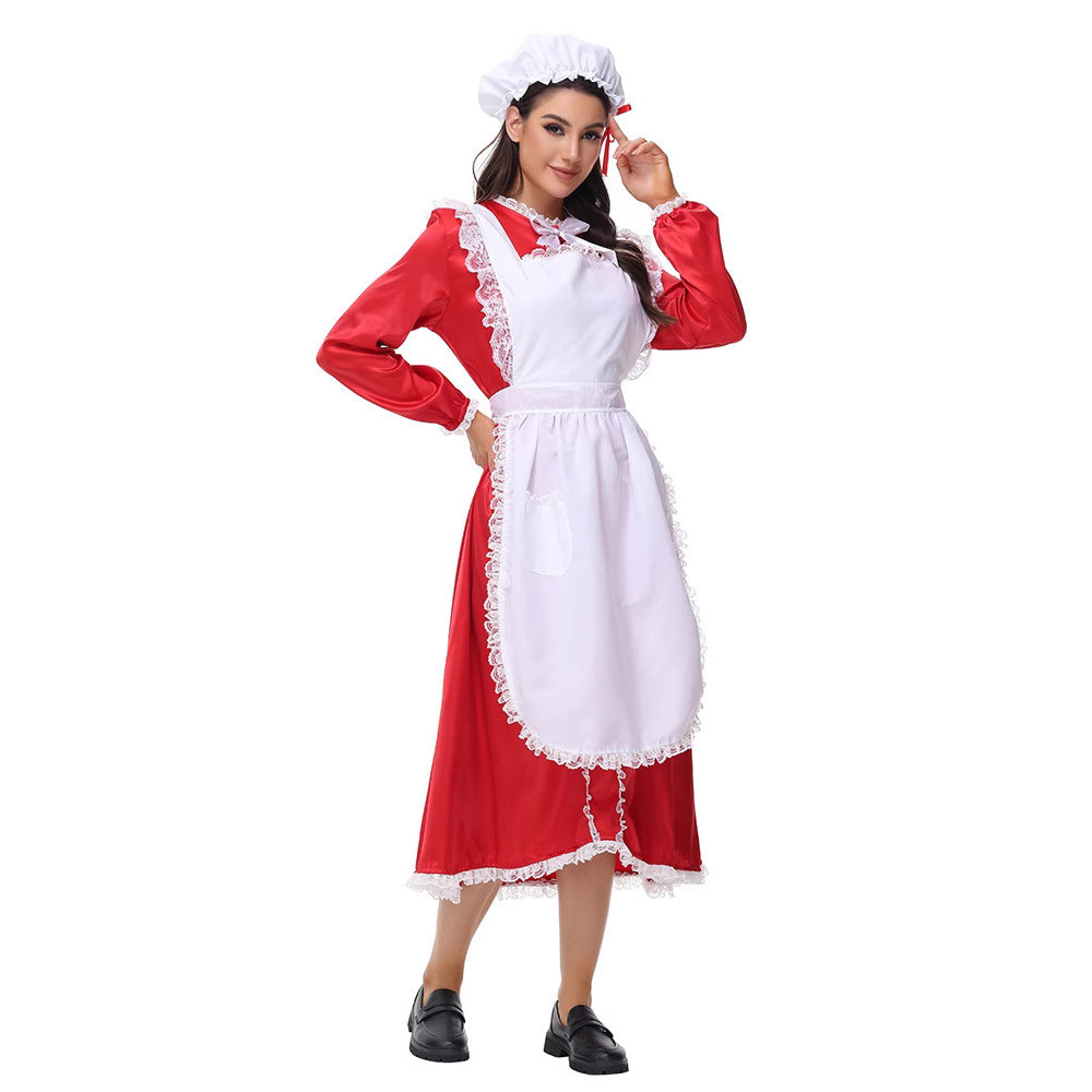 Christmas Maid Costume Women Red Long Dress Holiday Cosplay