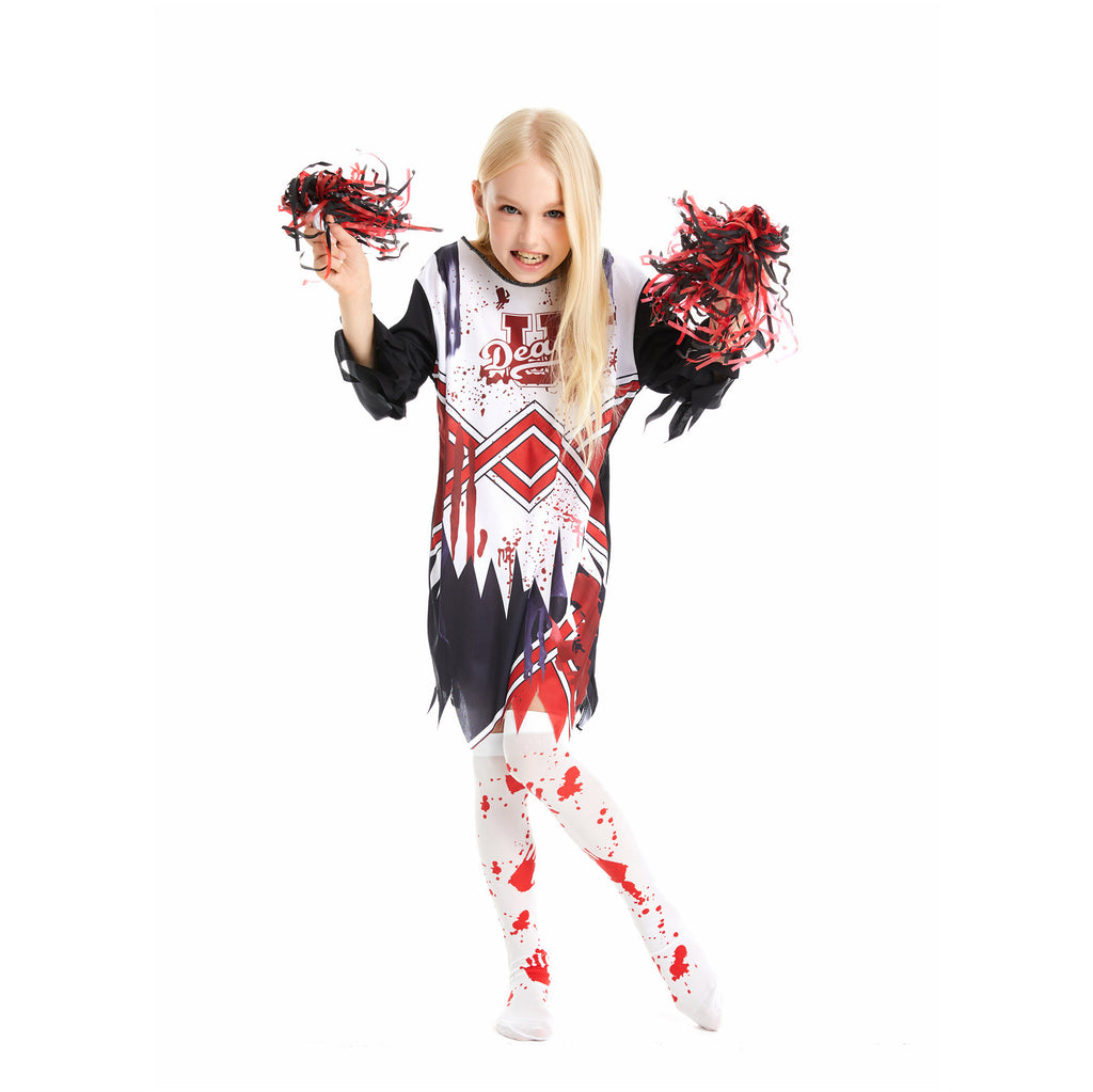Zombie Cheerleader Costume for Girls, front view on a white background
