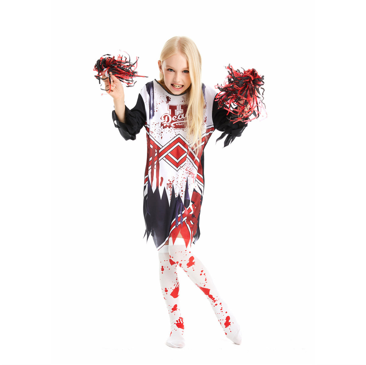 Zombie Cheerleader Costume for Girls, front view on a white background