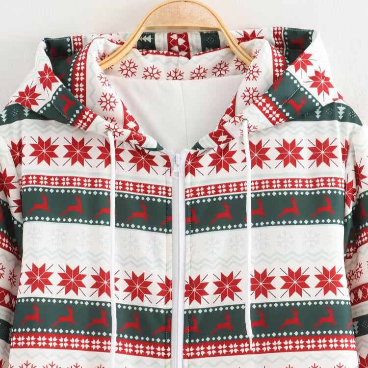Christmas Print Long Sleeve Loose Fit Jumpsuit Cotton Coat