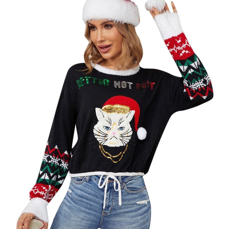 Embroidered Christmas black sweater pullover short sweater