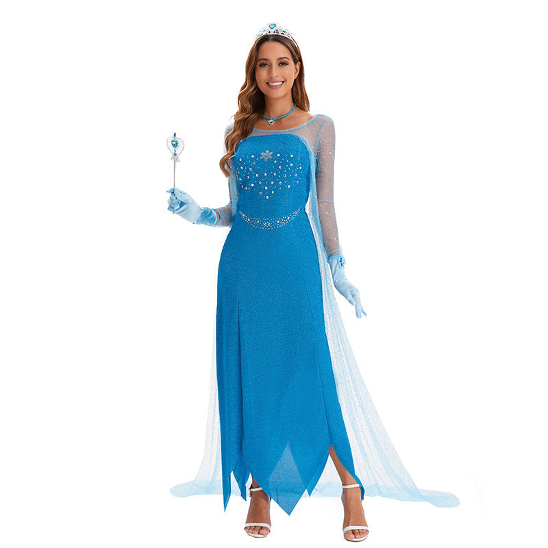 Frozen Elsa Costume Women Adult Blue Princess Dress Snow Queen Halloween Cosplay