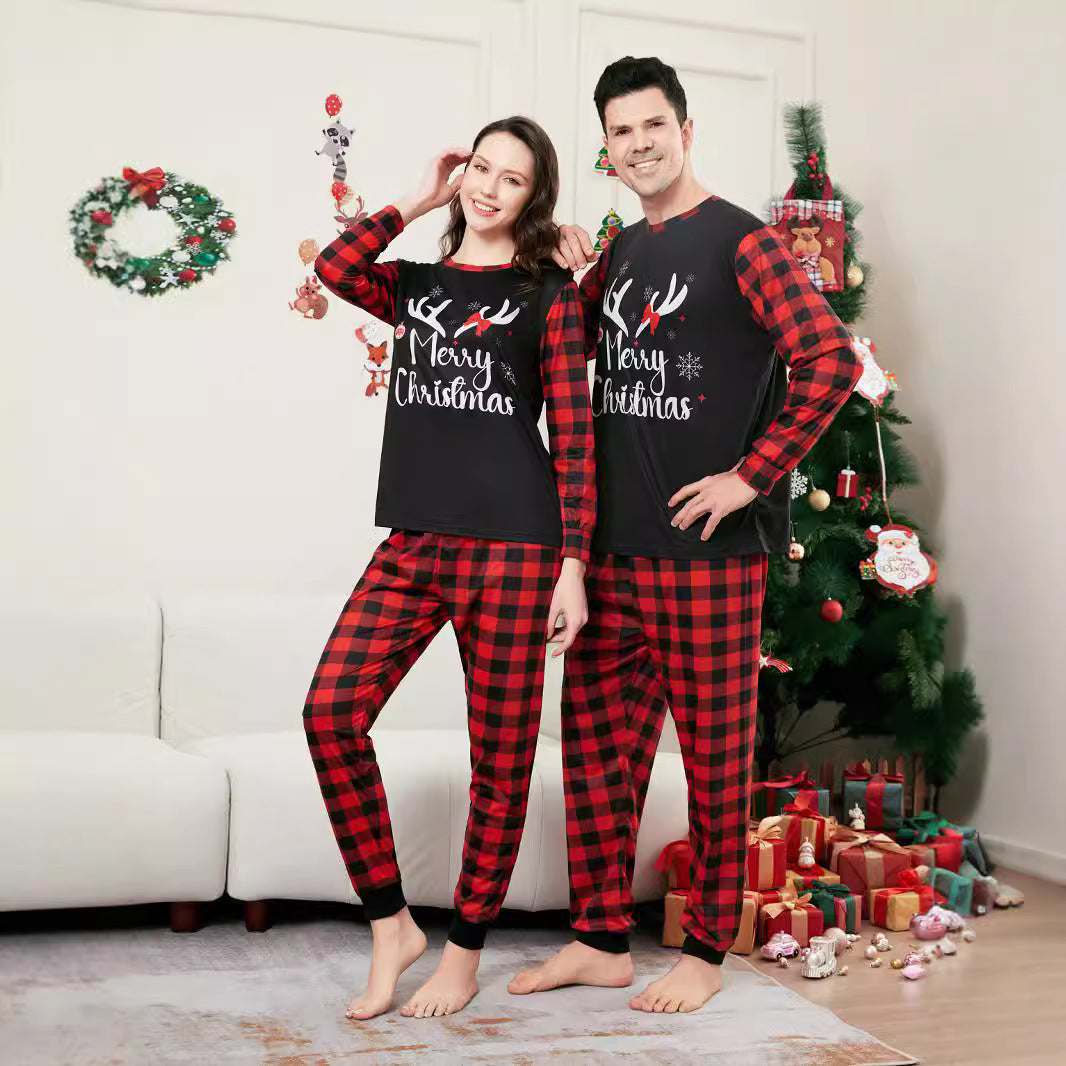 Christmas Letter Snowflake Plaid Printed Home Wear Pajamas