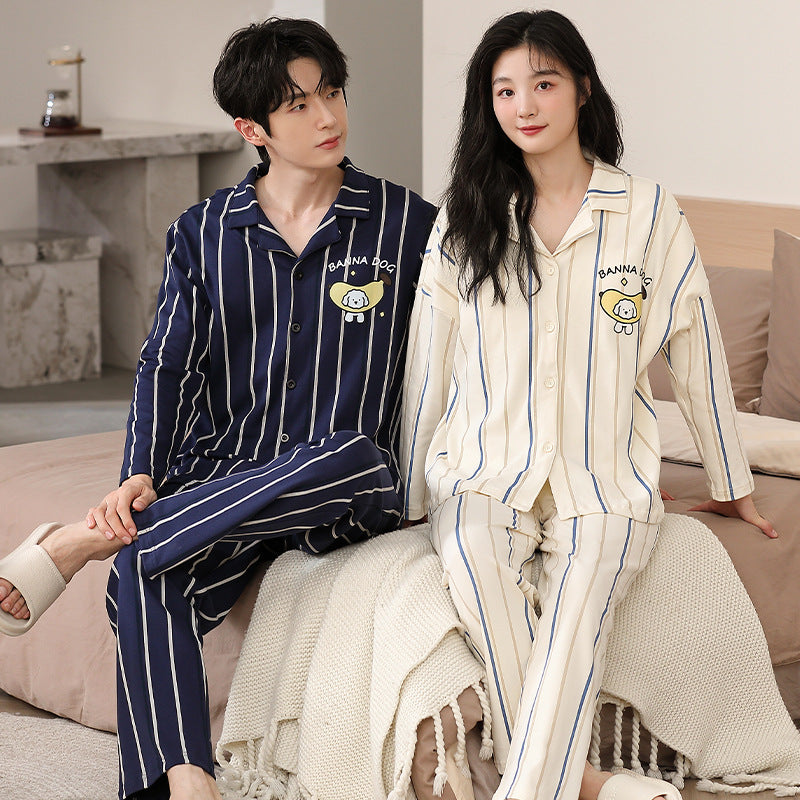 Two piece set of couple pajamas, lapel collar, couple home clothes
