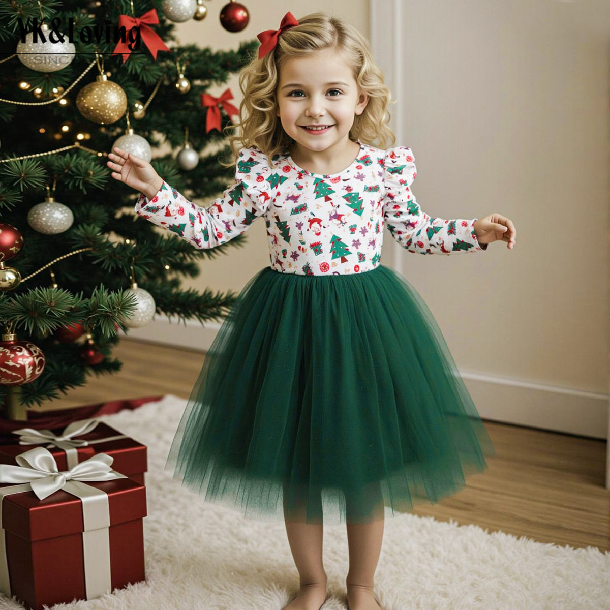 Christmas Printed Tulle Long Sleeve Dress for Girls, Holiday Party Dress with Tree Pattern