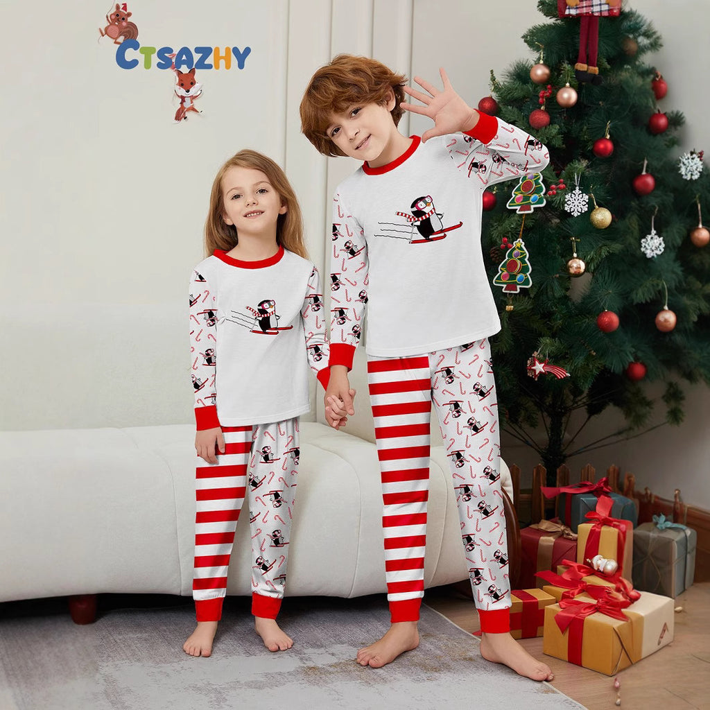 Christmas Penguin Candy Cane Stripe Printed Family Matching Pajamas Sleepwear